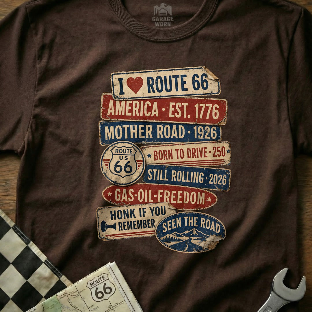 Brown t-shirt with Route 66 graphics and text.