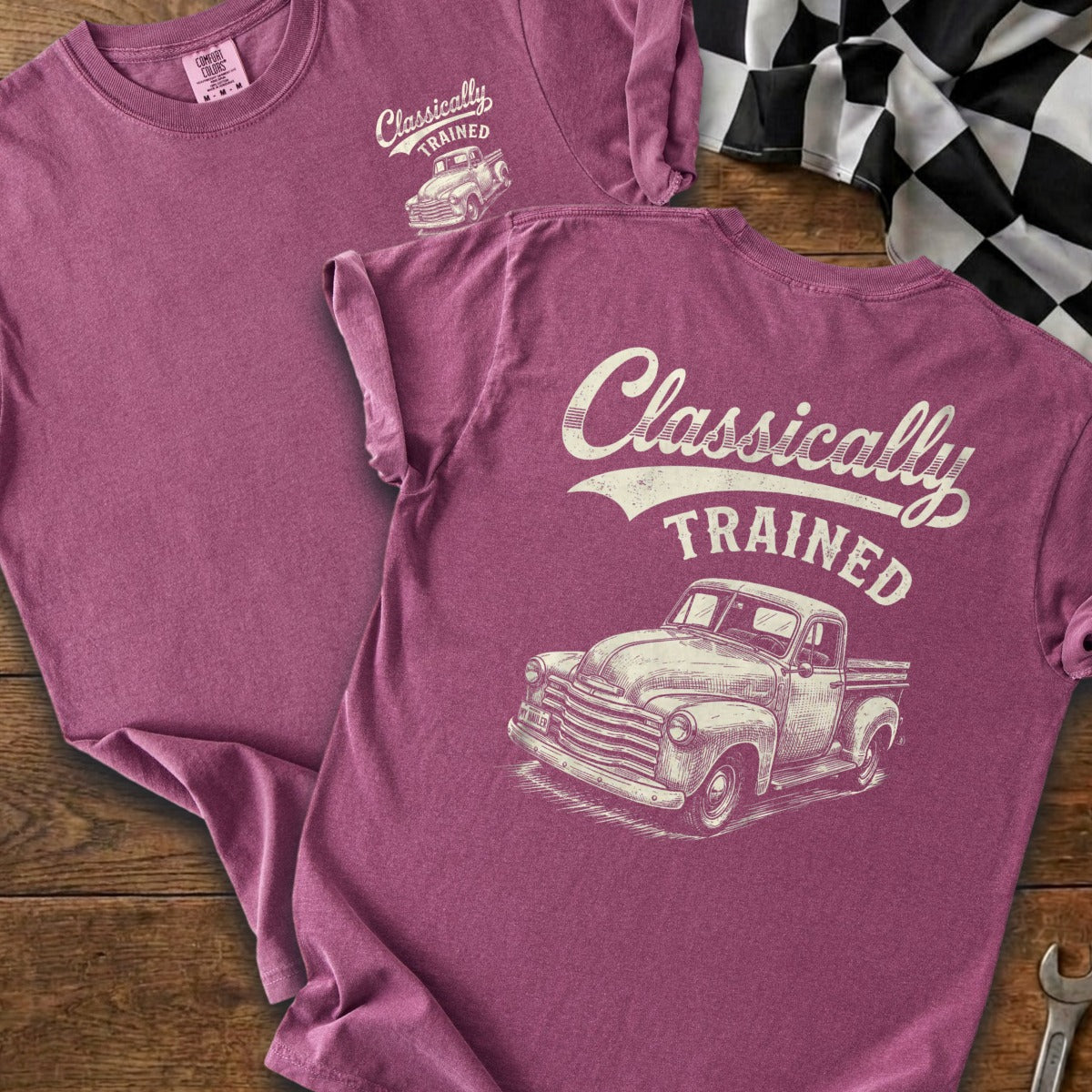 Maroon t-shirt with "Classically TRAINED" and vintage truck graphic.