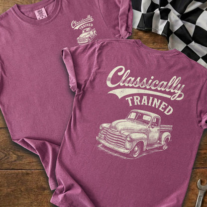 Maroon t-shirt with "Classically TRAINED" and vintage truck graphic.