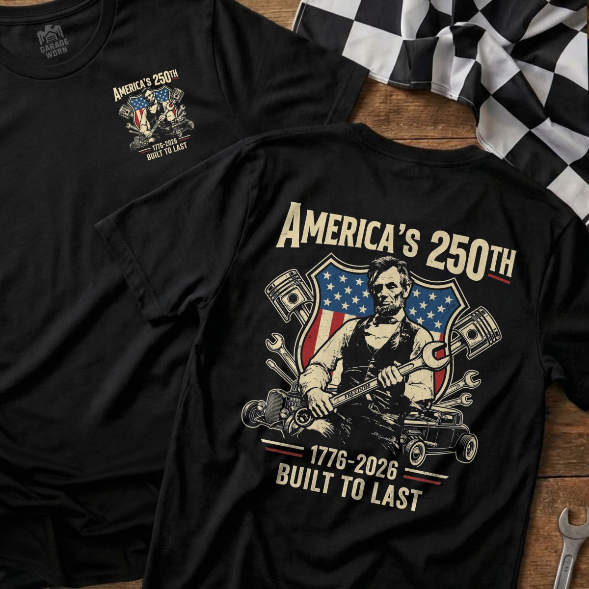 Black t-shirt with "America's 250th" and Abraham Lincoln.