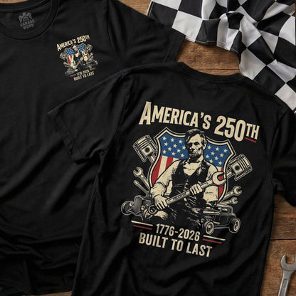 Black t-shirt with "America's 250th" and Abraham Lincoln.