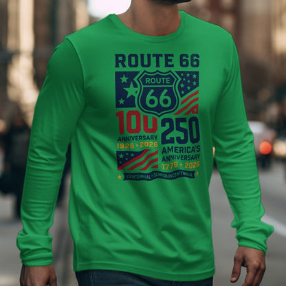 Green long-sleeve shirt with Route 66 anniversary graphics and text.