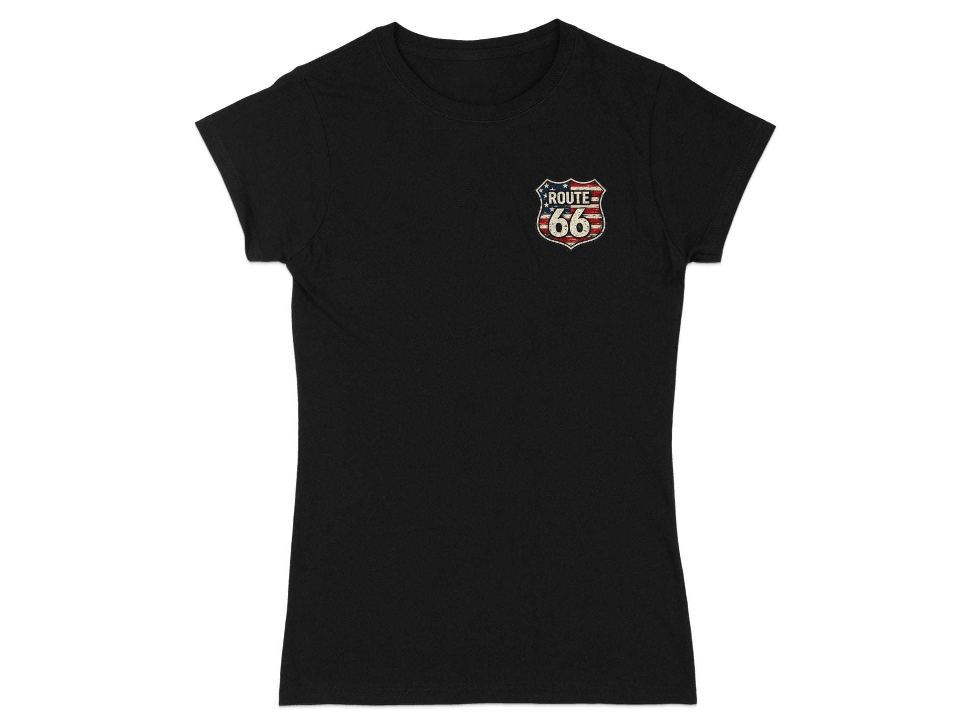 Black t-shirt with Route 66 shield logo on left chest.