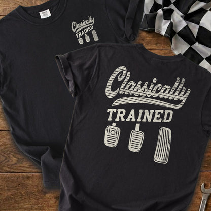 Black t-shirt with "Classically TRAINED" and three pedal graphics.