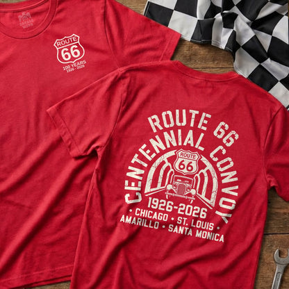 Red t-shirts with Route 66 Centennial Convoy graphics, celebrating 100 years.