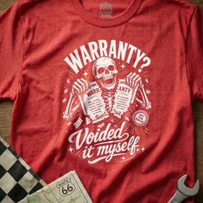 Red t-shirt with skeleton graphic asking "Warranty?" and holding voided warranty papers.