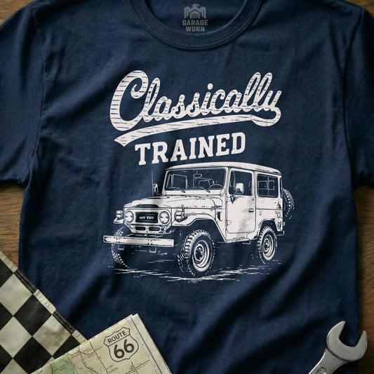 Navy t-shirt with "Classically TRAINED" and a vintage FJ40 Land Cruiser graphic.