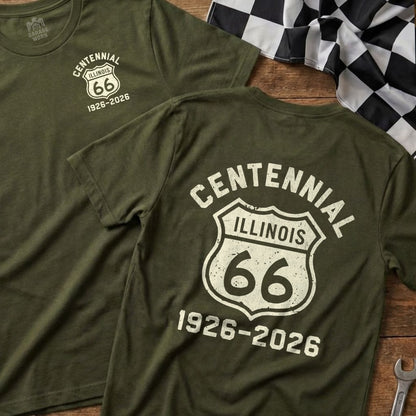 Green t-shirt with Route 66 Illinois Centennial 1926-2026 graphic.