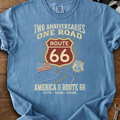 Blue t-shirt with "America & Route 66" graphic and anniversary dates.