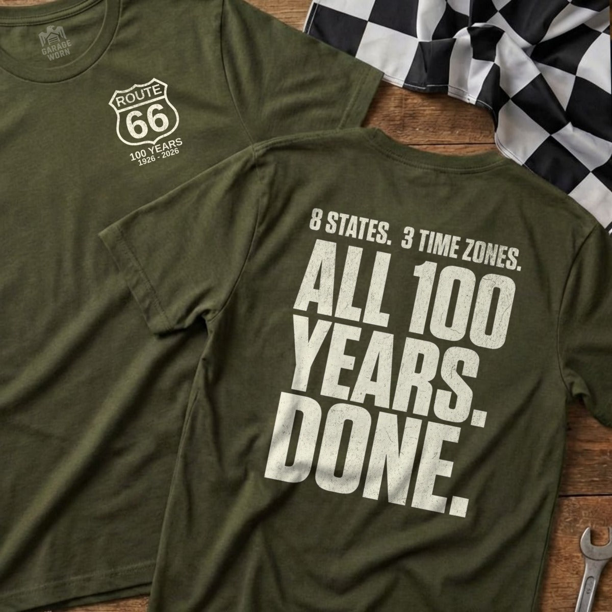 Green t-shirt with Route 66 100 Years logo on front and text on back.