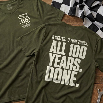 Green t-shirt with Route 66 100 Years logo on front and text on back.