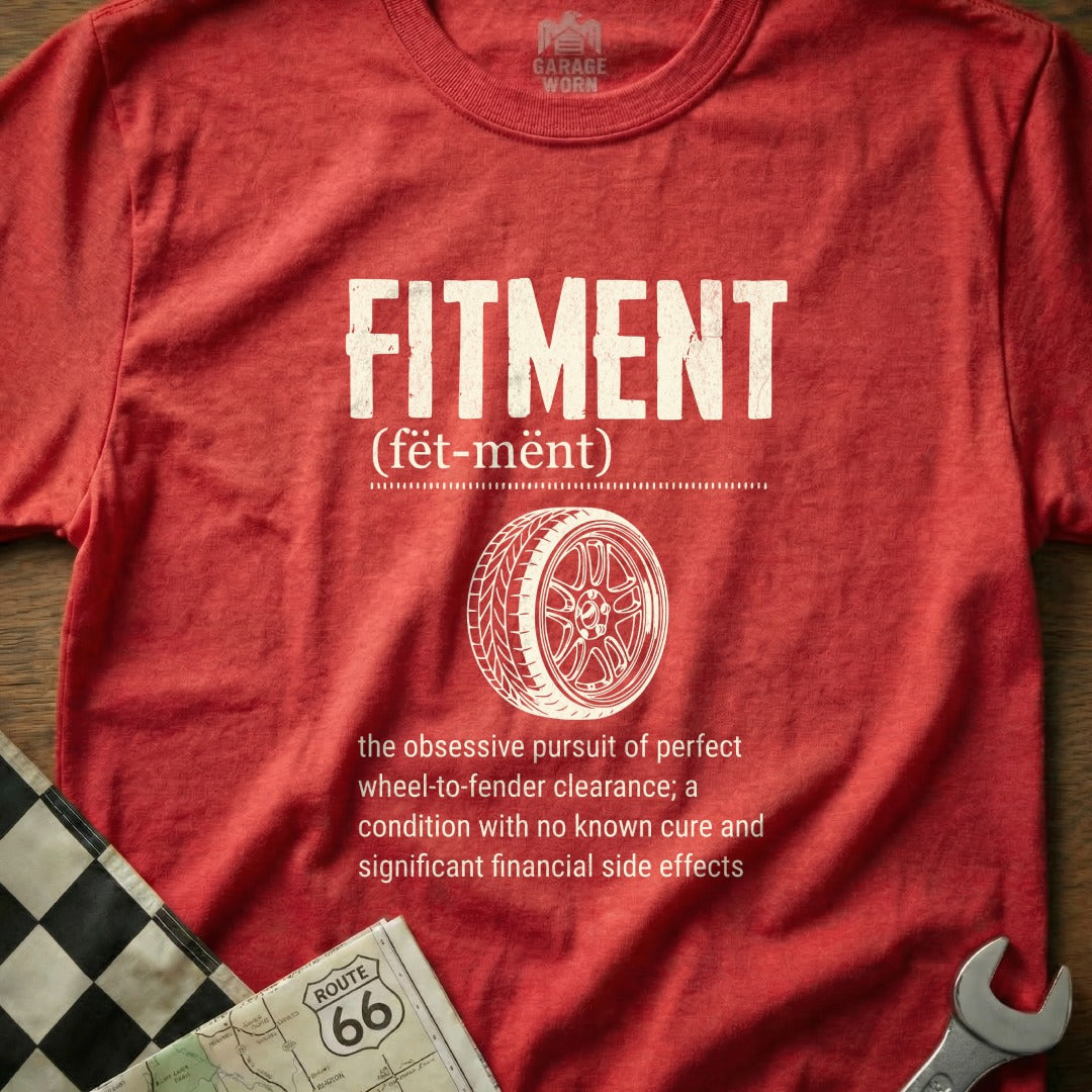 Red t-shirt with "FITMENT" and a tire graphic, white text about wheel-to-fender clearance.