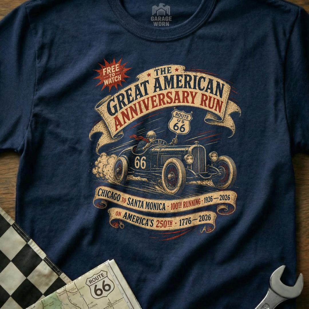 T-shirt graphic: Vintage car, Route 66, Great American Anniversary Run.