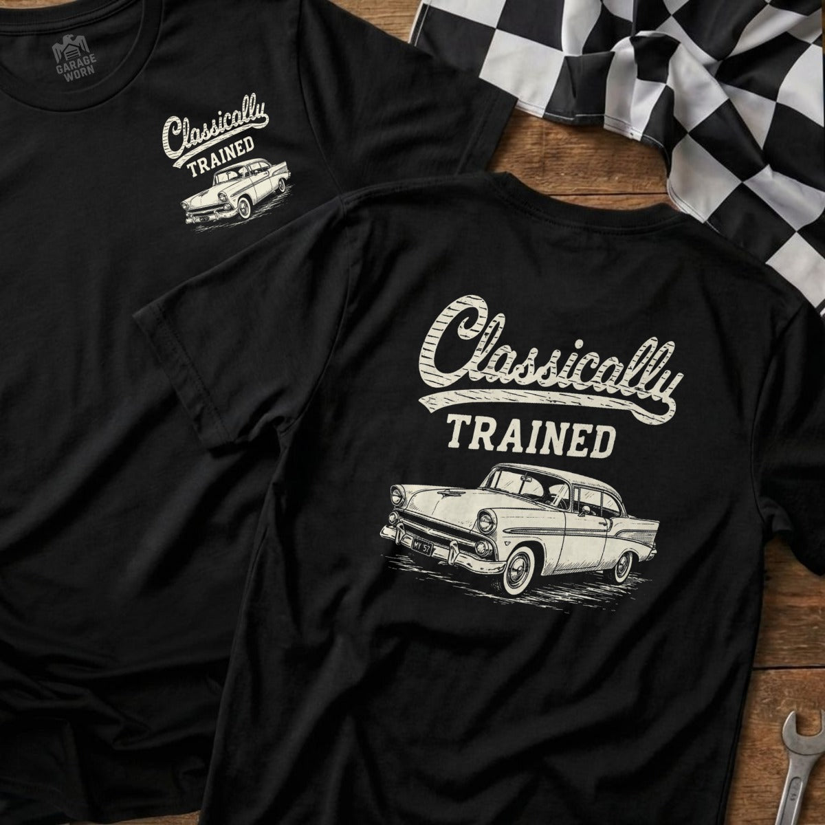 Black t-shirt with "Classically TRAINED" text and vintage car graphic.