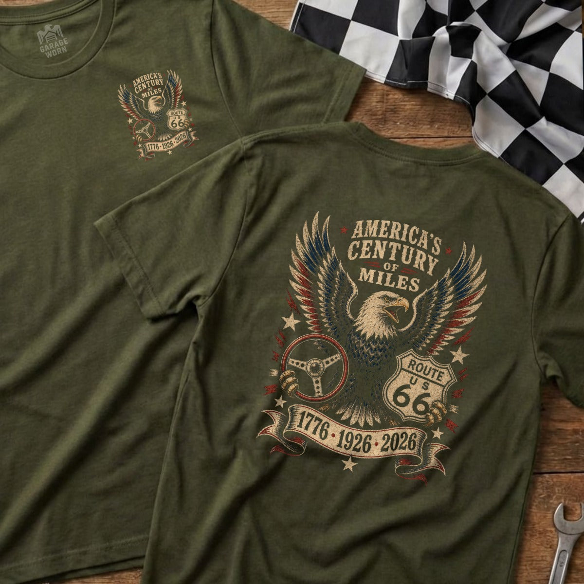 Green t-shirt with eagle, Route 66, and centennial dates.