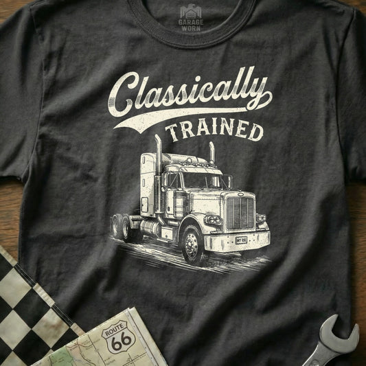 T-shirt with "Classically TRAINED" text and a sketch of a semi-truck.