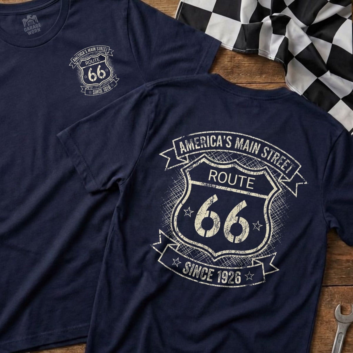 Navy t-shirts with Route 66 "America's Main Street" graphic.