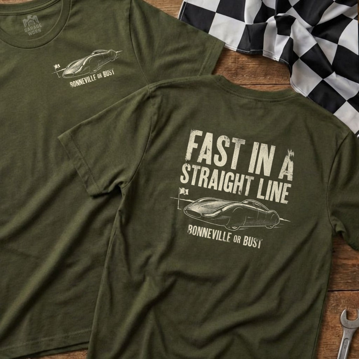 Olive green t-shirt with "FAST IN A STRAIGHT LINE" text and a Bonneville salt flats car.