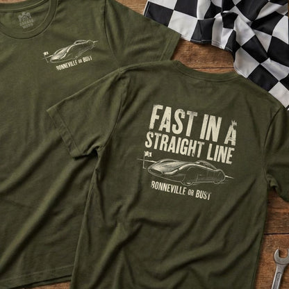 Olive green t-shirt with "FAST IN A STRAIGHT LINE" text and a Bonneville salt flats car.