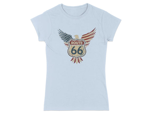 Light blue t-shirt with distressed Route 66 eagle logo graphic.