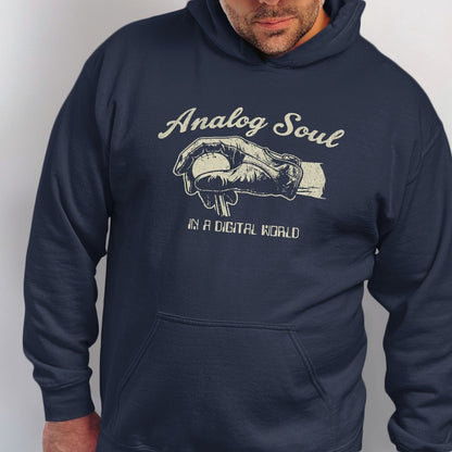 Navy hoodie with "Analog Soul In A Digital World" text and a hand in a glove holding a baseball.
