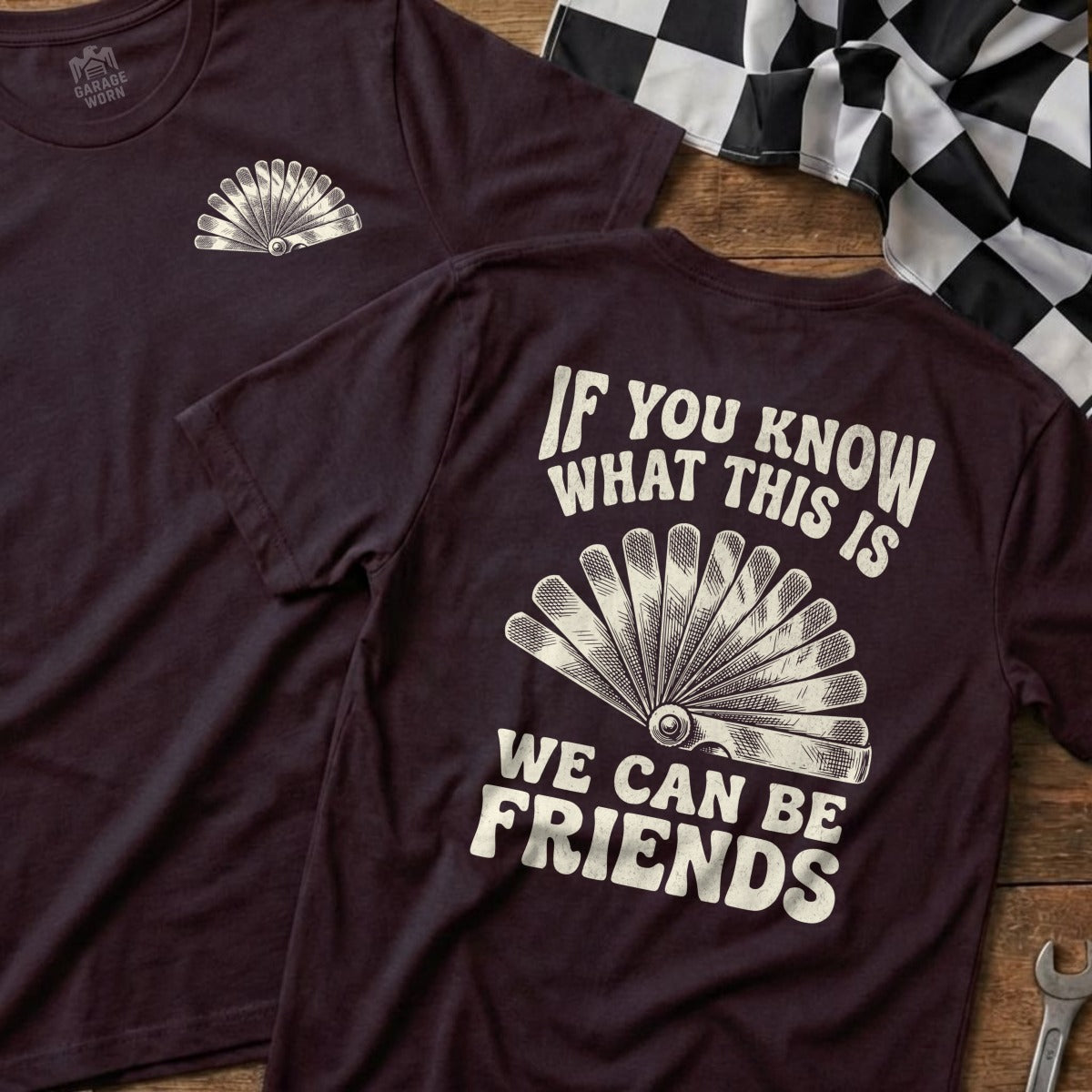 Dark t-shirt with a fan gauge graphic and "If you know what this is, we can be friends" text.
