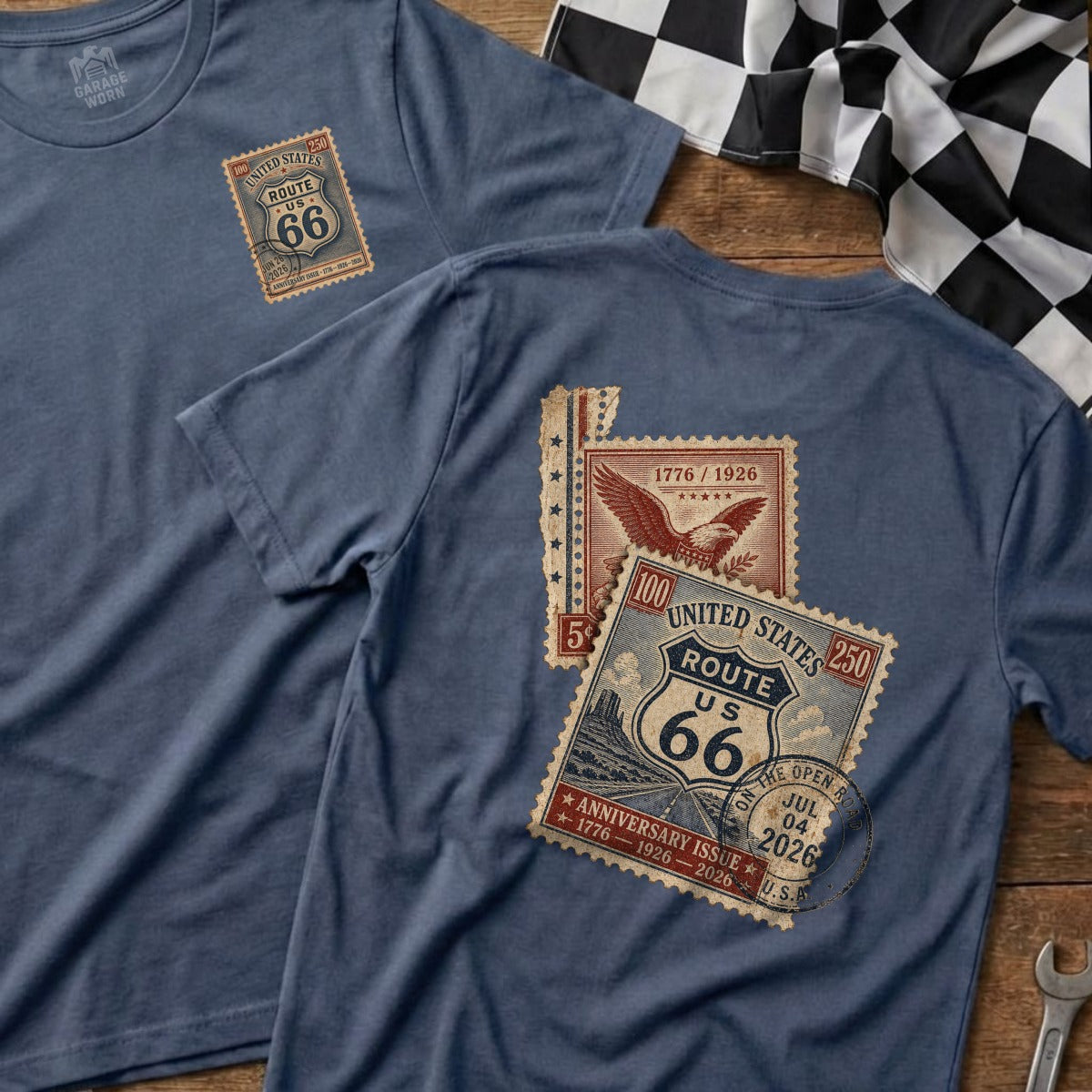 Blue t-shirts with Route 66 anniversary stamp graphic.