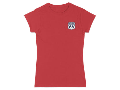 Red t-shirt with embroidered Route 66 shield logo on the left chest.