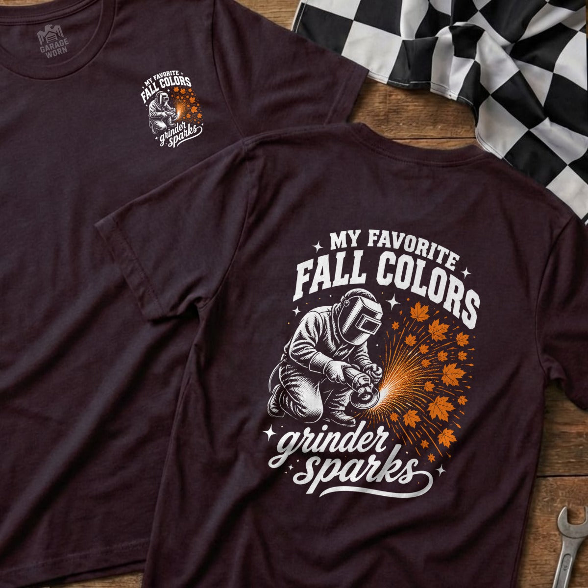 Maroon t-shirt with "My Favorite Fall Colors Grinder Sparks" graphic.