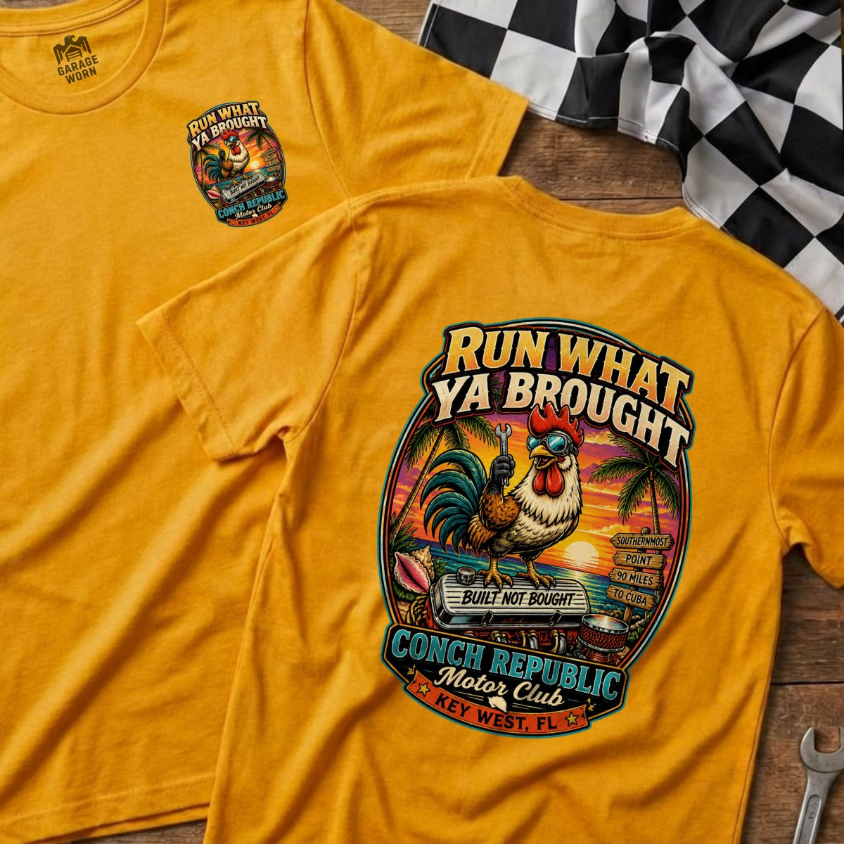 Yellow t-shirts with a rooster graphic and "Conch Republic Motor Club" text.
