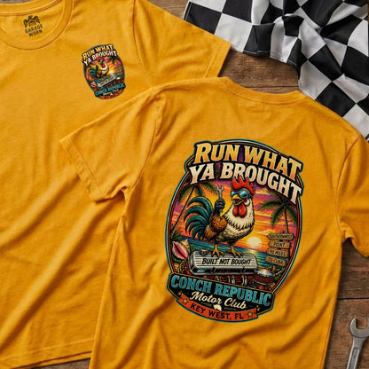 Yellow t-shirts with a rooster graphic and "Conch Republic Motor Club" text.
