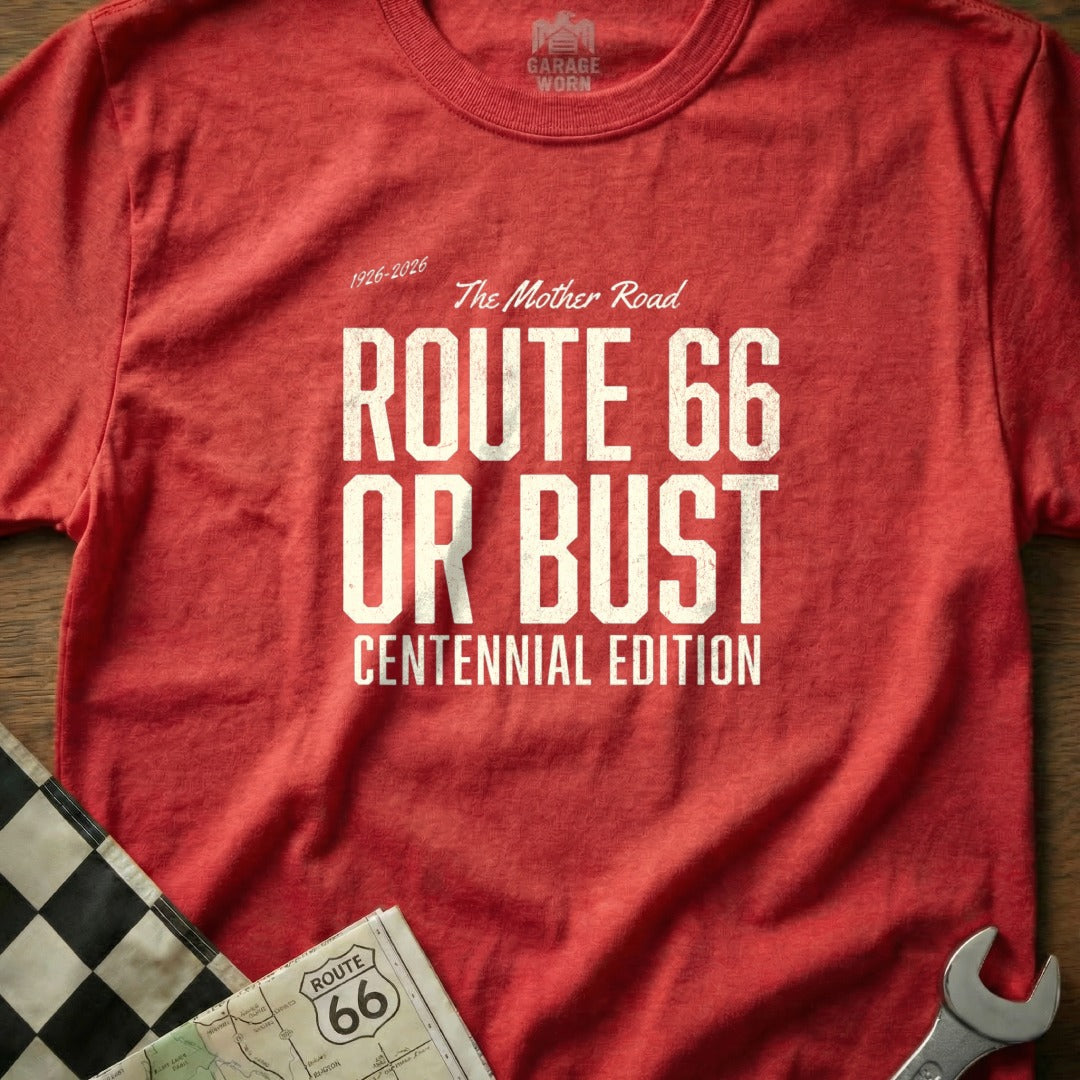 Red t-shirt with "Route 66 Or Bust Centennial Edition" text, "The Mother Road" and "1926-2026" dates.