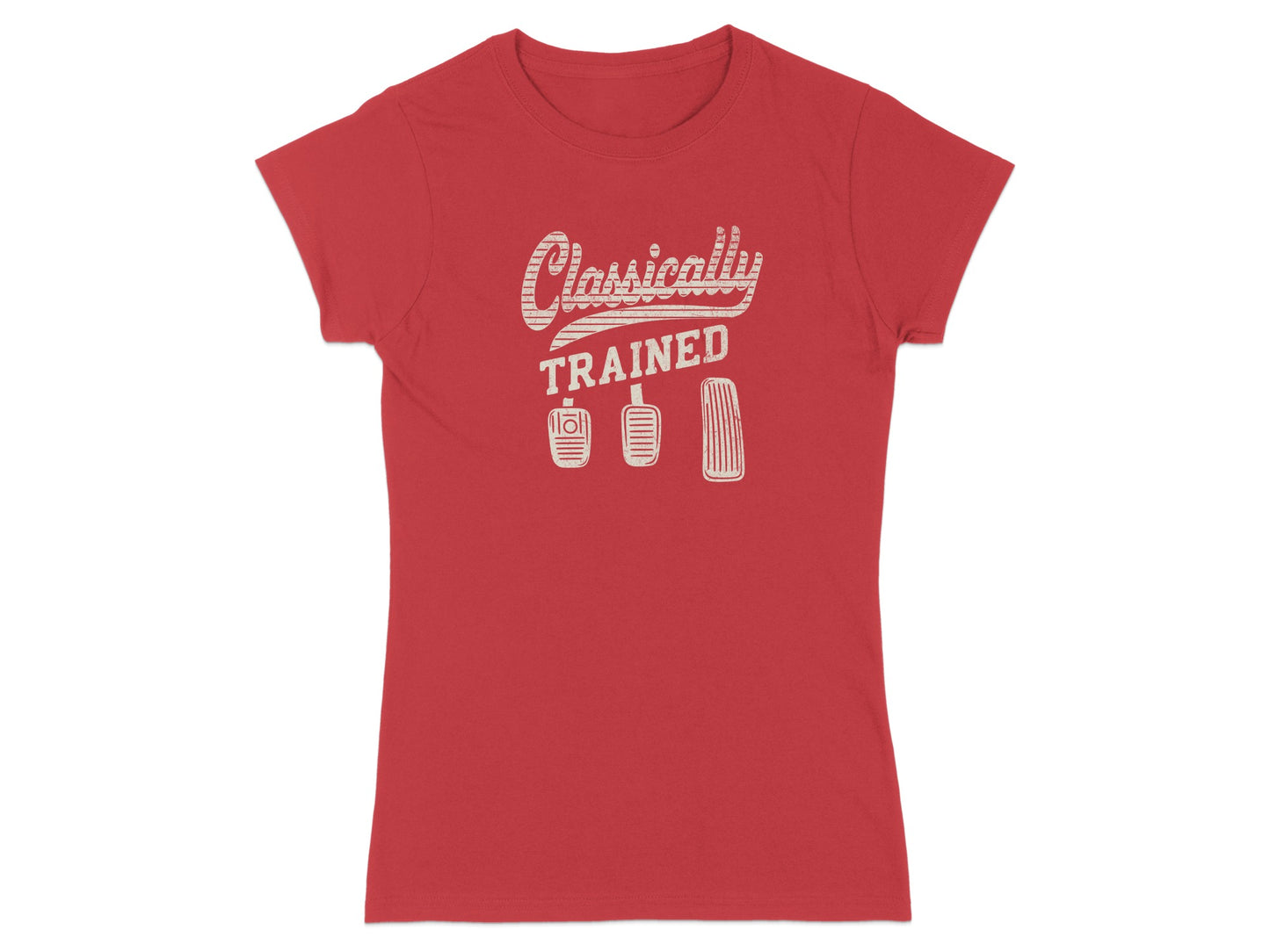 Red t-shirt with "Classically Trained" text and three car pedals.