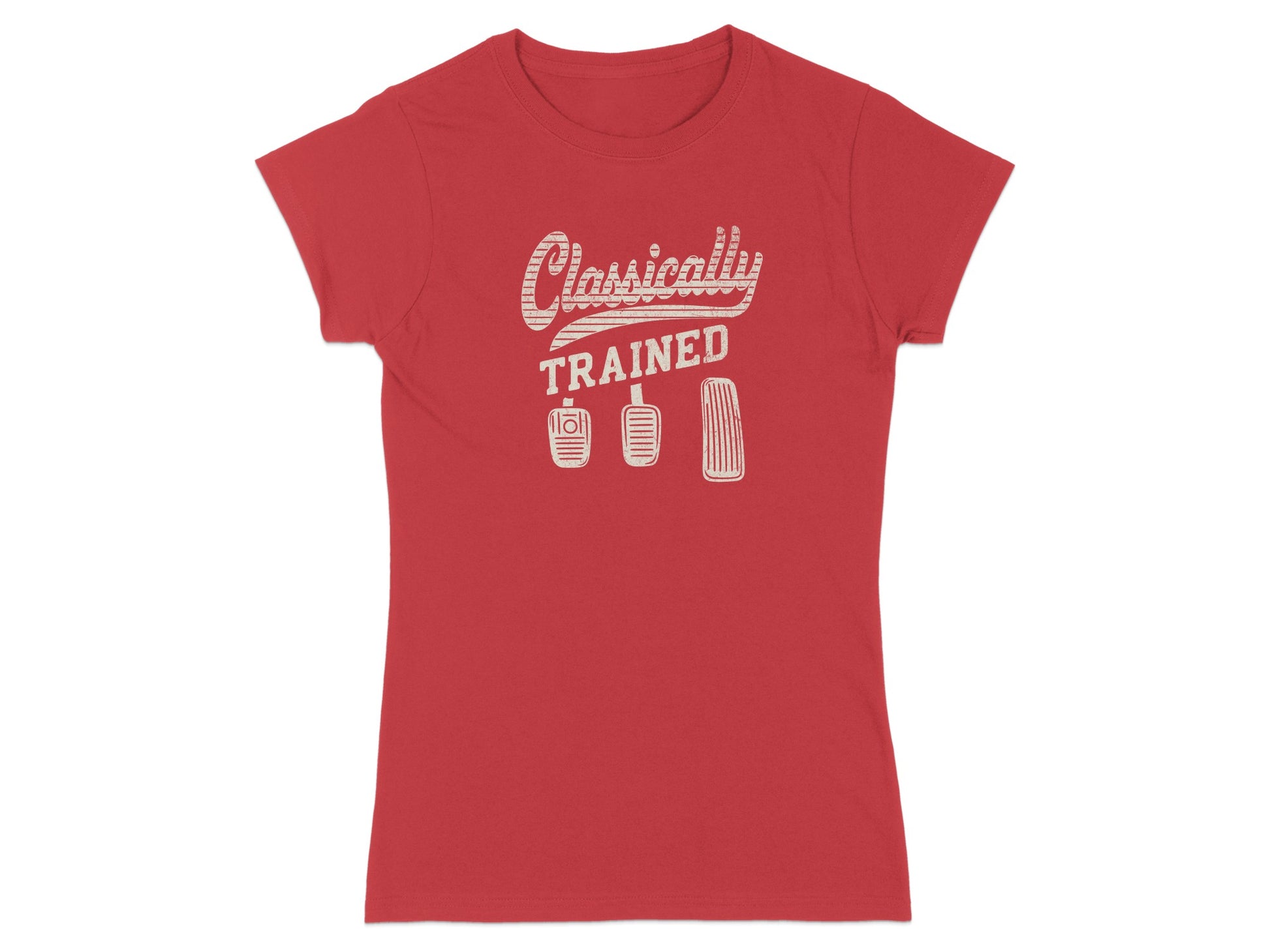 Red t-shirt with "Classically Trained" text and three car pedals.