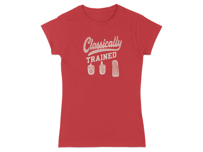 Red t-shirt with "Classically Trained" text and three car pedals.