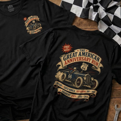 Black t-shirts with Great American Anniversary Run Route 66 graphic.