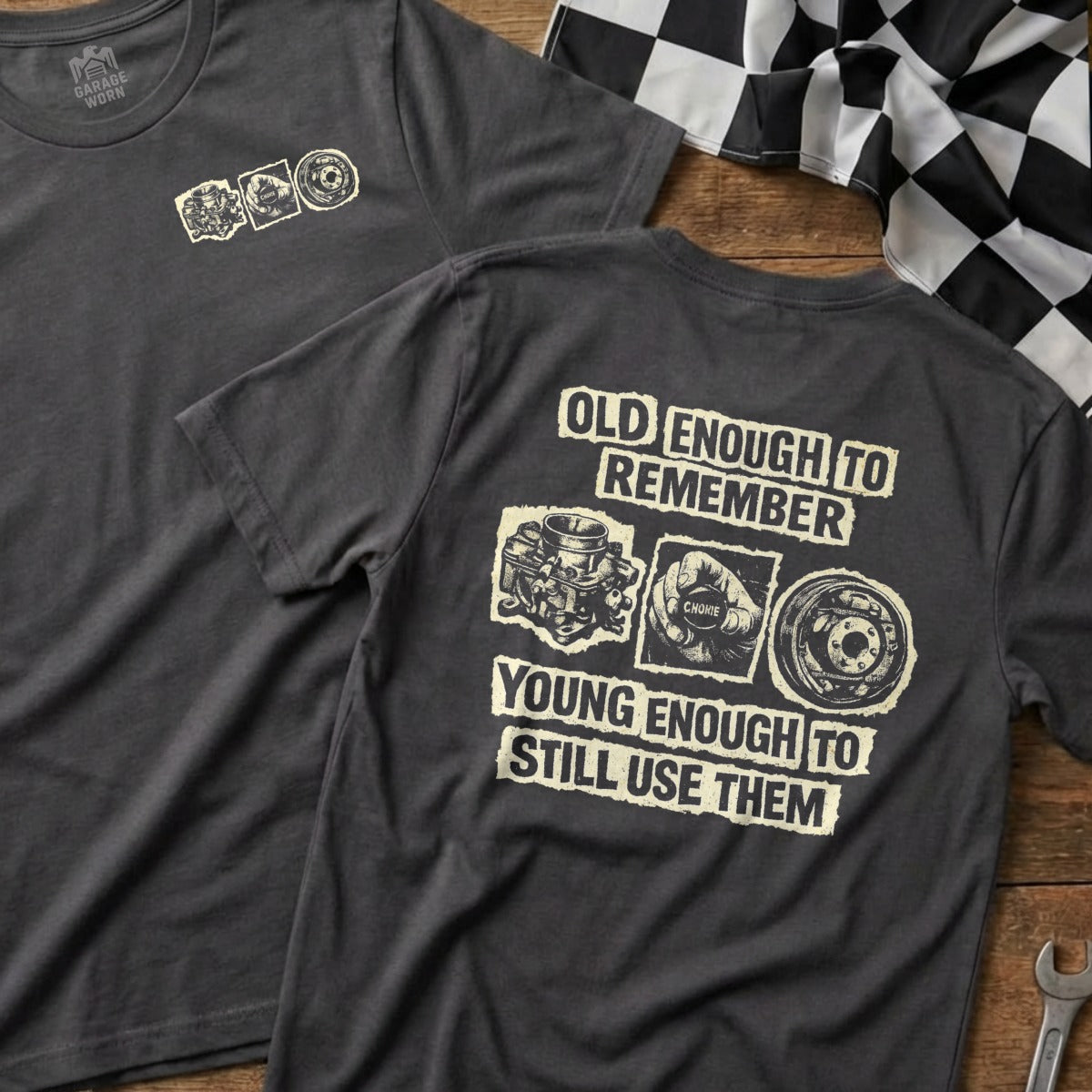 Dark gray t-shirt with vintage car parts graphic and text "Old enough to remember, young enough to still use them."