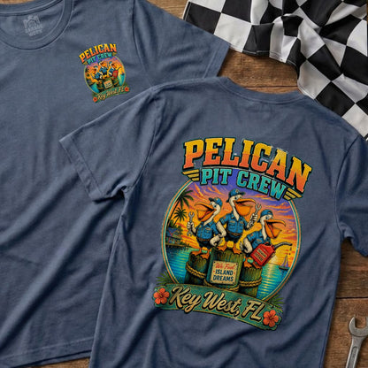 T-shirt with "Pelican Pit Crew" graphic featuring pelicans and "Key West, FL".