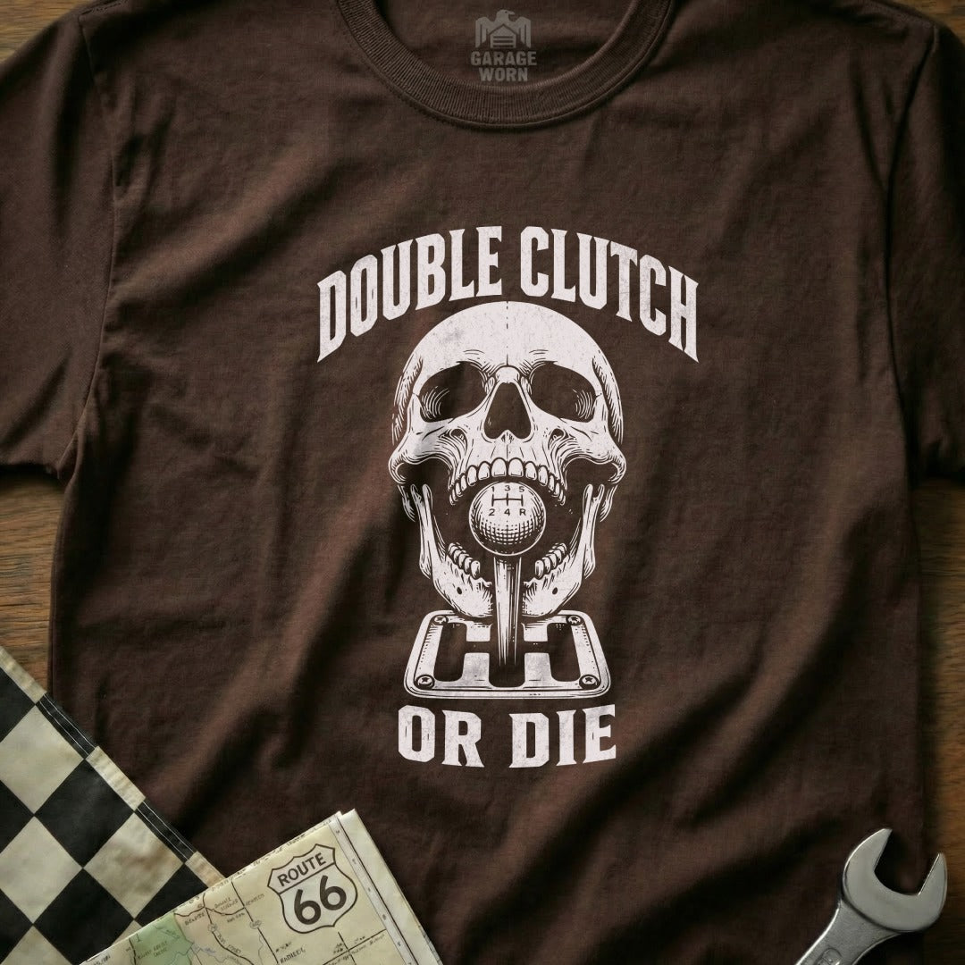 T-shirt with skull, gear shift, and "Double Clutch or Die" text.