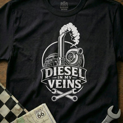 Black t-shirt with "Diesel in My Veins" text, turbo, and exhaust graphic.