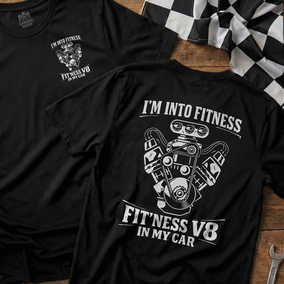 Black t-shirt with V8 engine graphic and "I'm Into Fitness" text.