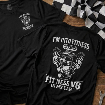 Black t-shirt with V8 engine graphic and "I'm Into Fitness" text.