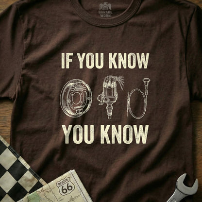 Brown t-shirt with "If you know you know" and illustrations of car parts.