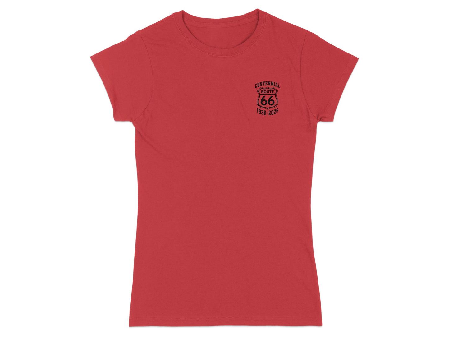 Red t-shirt with "Centennial Route 66 1926-2026" logo on the left chest.