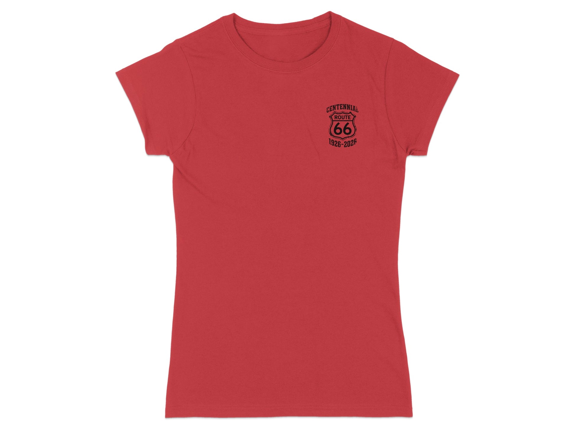 Red t-shirt with "Centennial Route 66 1926-2026" logo on the left chest.