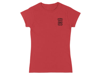 Red t-shirt with "Centennial Route 66 1926-2026" logo on the left chest.