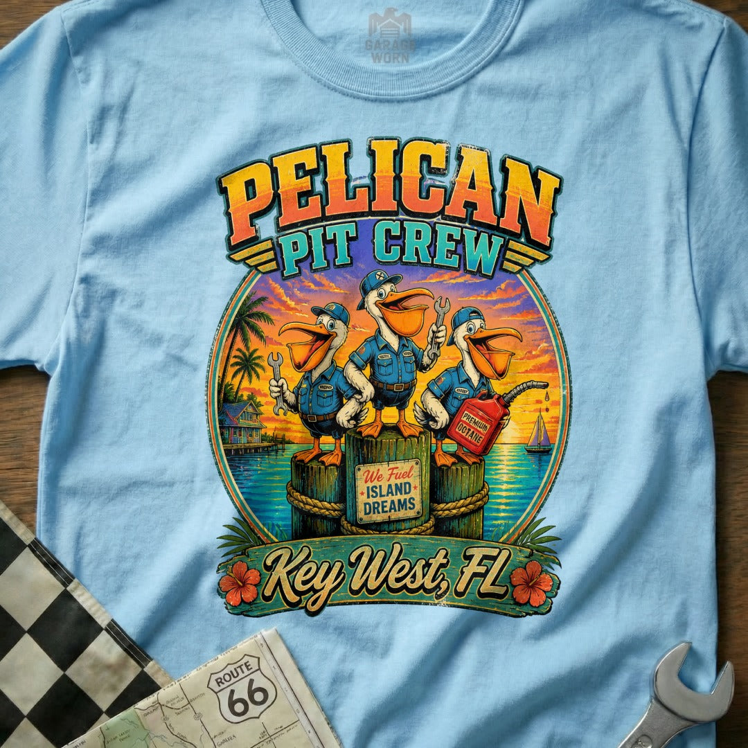 Cartoon pelicans in pit crew uniforms with tools and gas can, Key West FL.