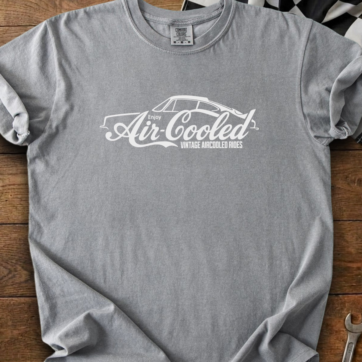 Gray T-shirt with white "Enjoy Air-Cooled Vintage Aircooled Rides" graphic and car silhouette.