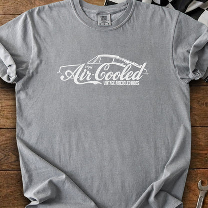 Gray T-shirt with white "Enjoy Air-Cooled Vintage Aircooled Rides" graphic and car silhouette.