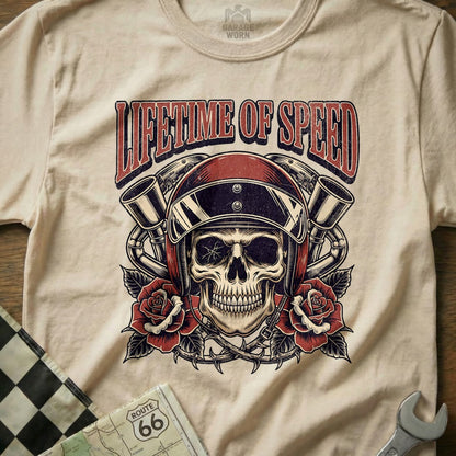 Lifetime of Speed Skull Helmet and Roses T-Shirt